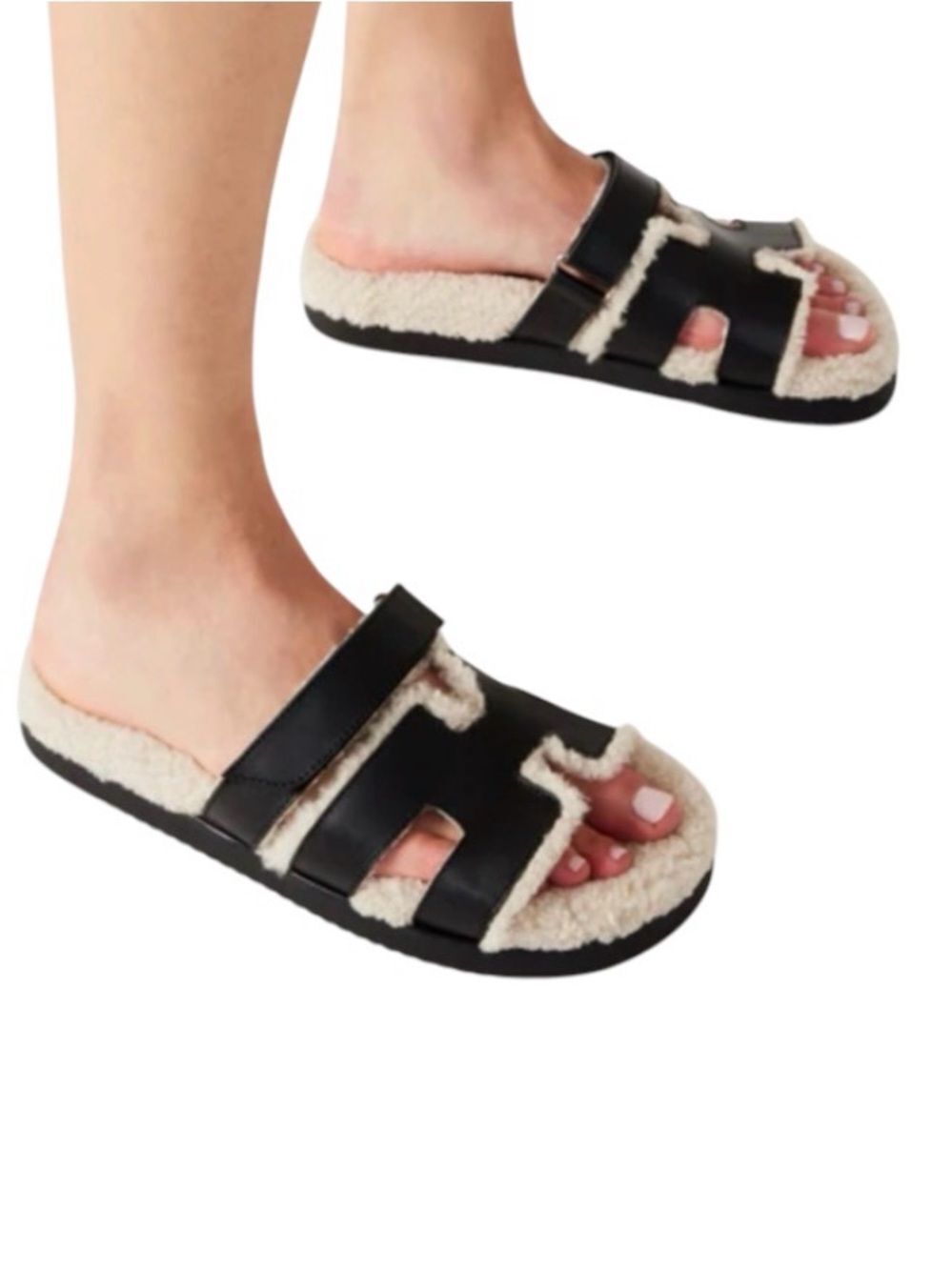 Steve Madden MAYVEN Faux Fur Black Leather Slides